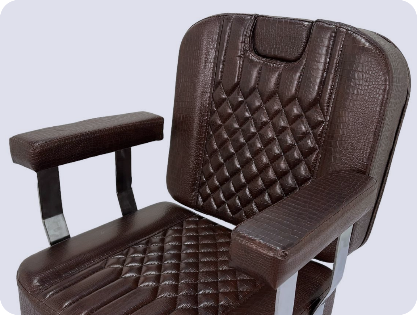 Close up of a dark wooden chair with black metal legs.